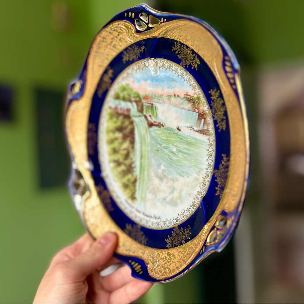VTG Still Life Niagara Falls Golden Navy Porcelain Nature Plate Decor Art - Picture 3 of 6
